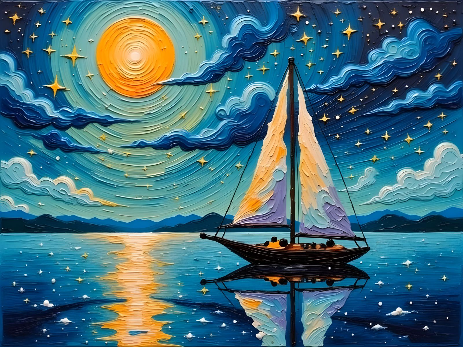 Sailboat Under Moonlight in Silverpunk Style