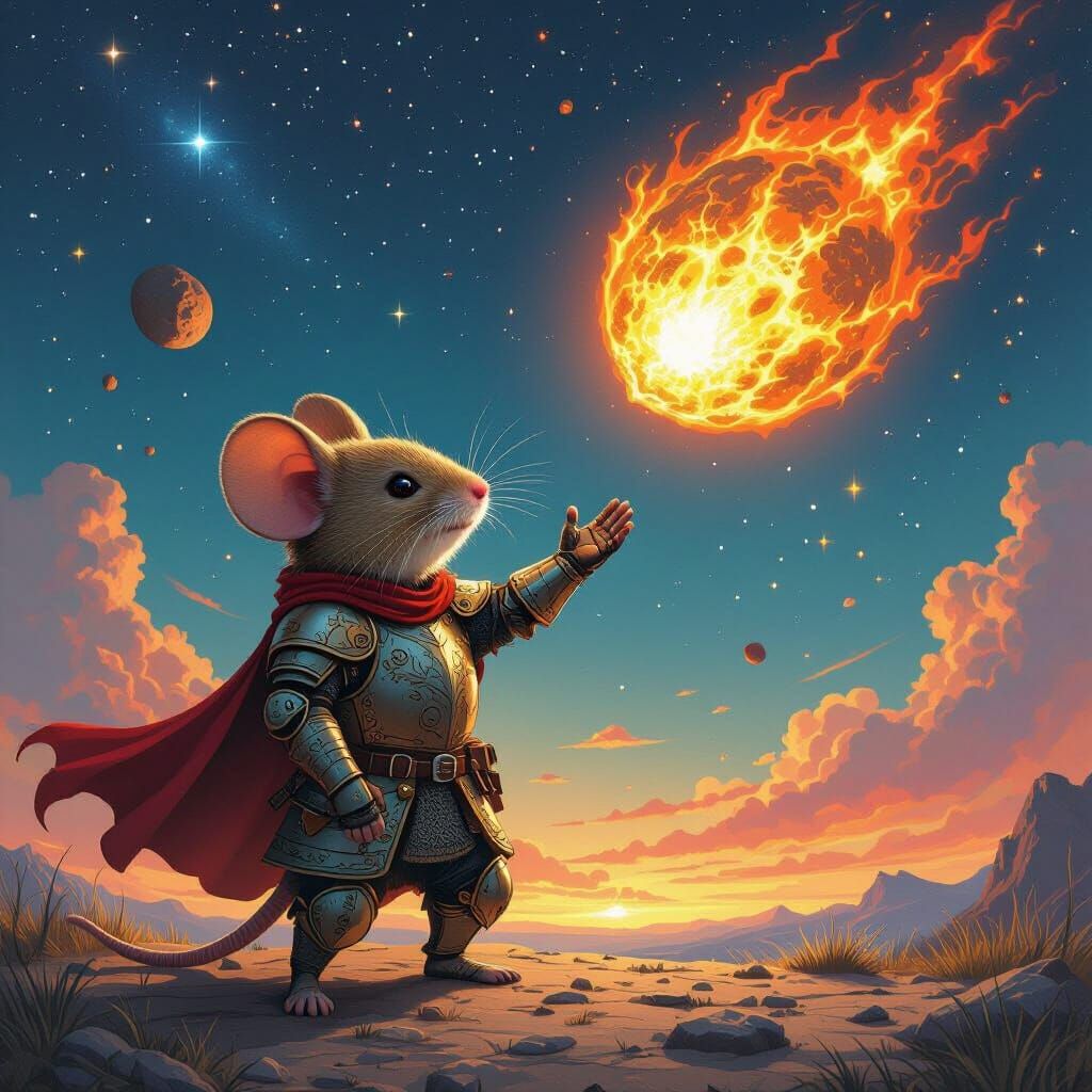 Armored Mouse Stops Asteroid in Gritty Fantasy Art