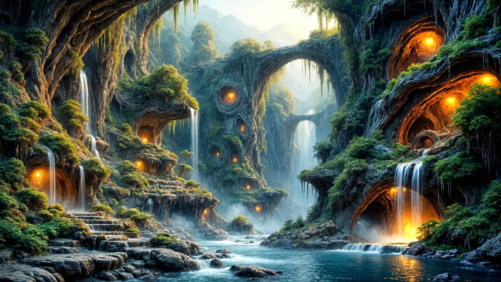 Biomechanical Ancient Cliff Dwellings in Ethereal Light