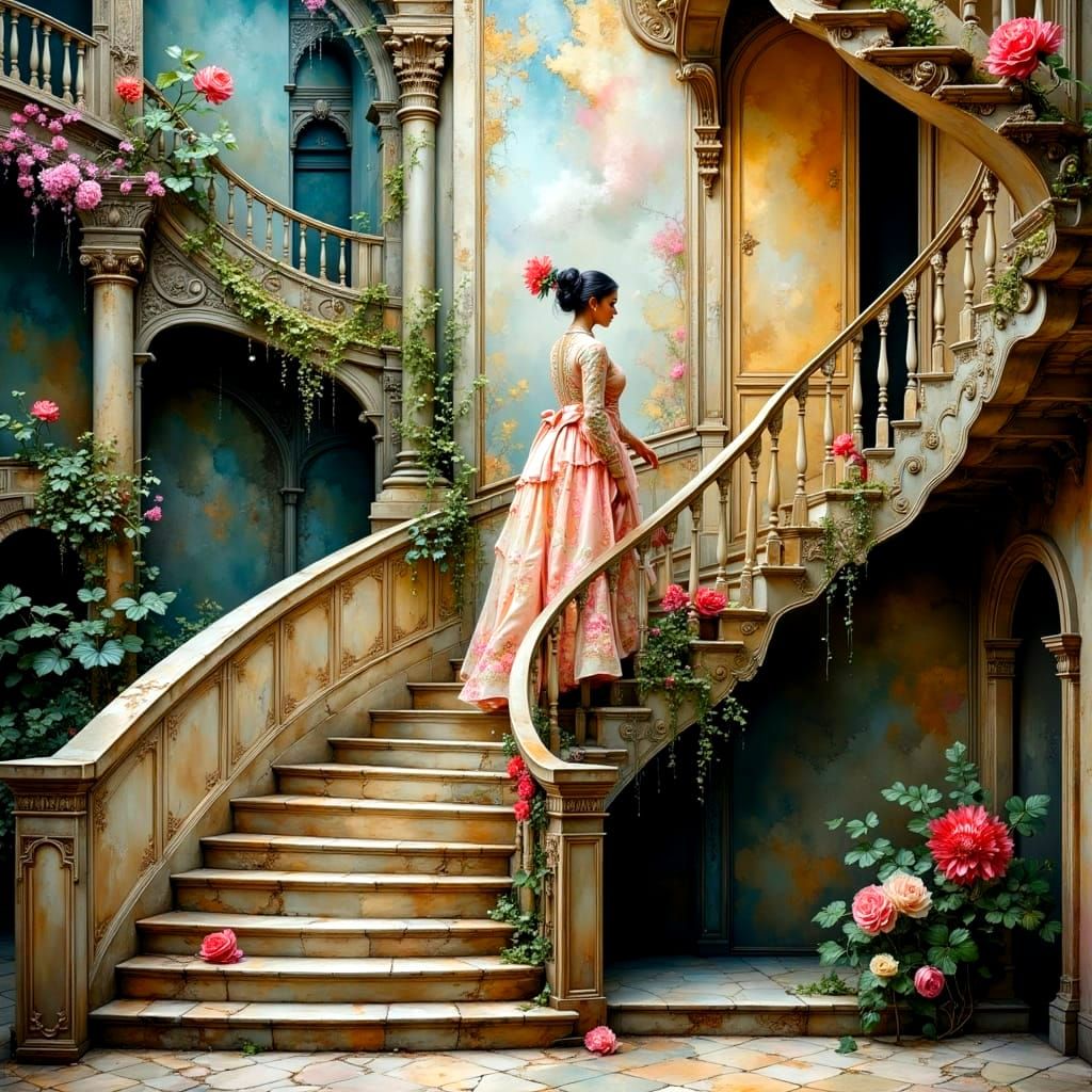 Surreal Staircase with Golden Railing in Pastel Tones