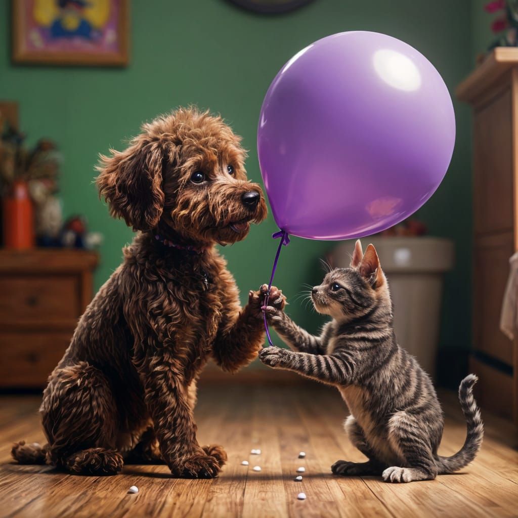 Poodle and Cat Play with Balloon: Hyperrealistic Splash Art