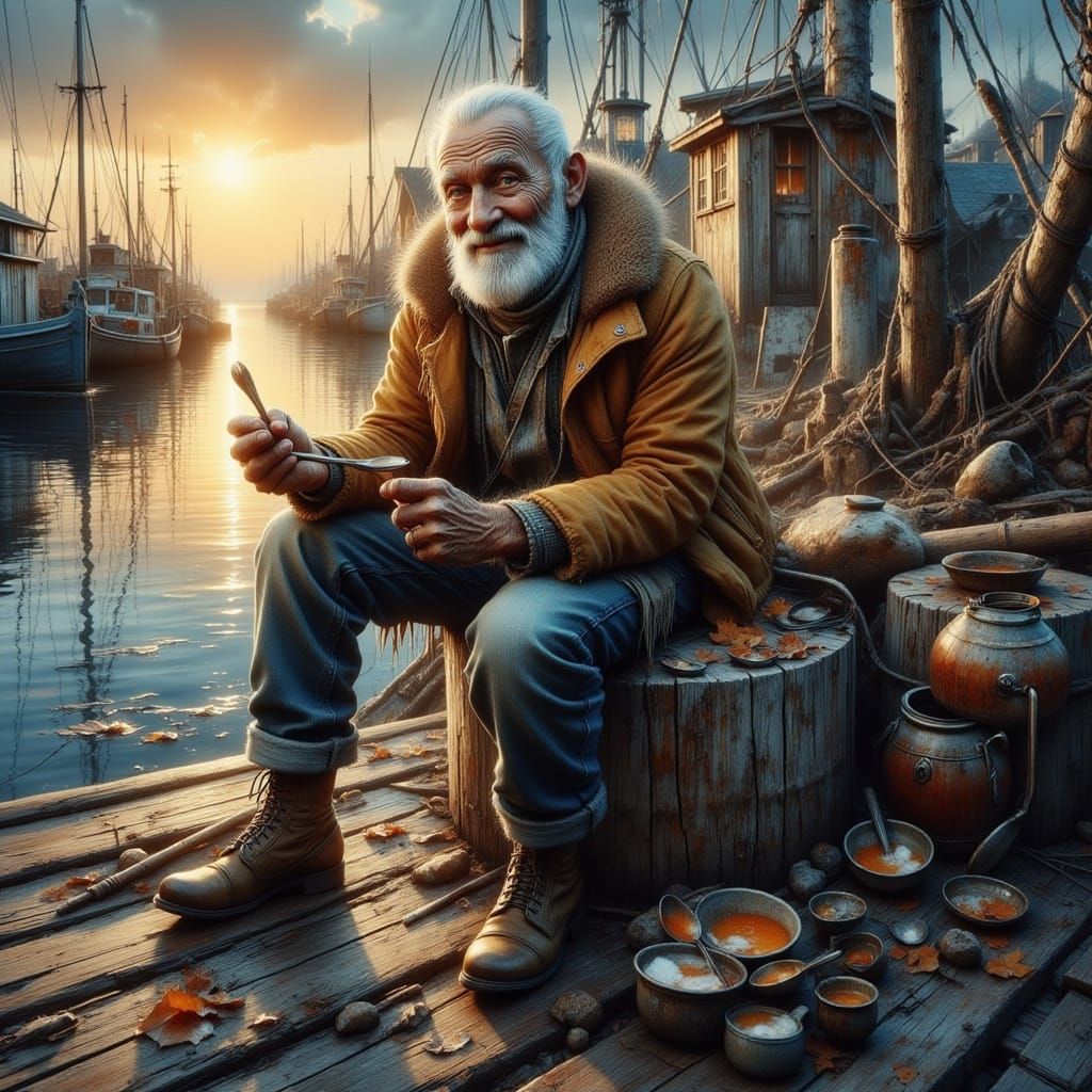 Joyful Fisherman Plays Spoons on Wharf in Folk Art Style