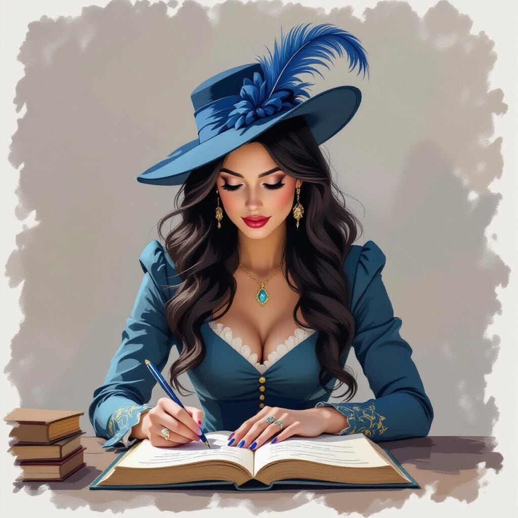Elegant Woman Writing with Blue Quill in Pastel Hues