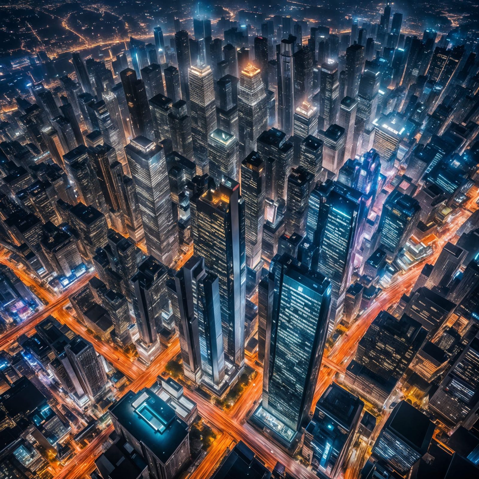 Dazzling Metropolis: Aerial Night View in Fantasy Art Style