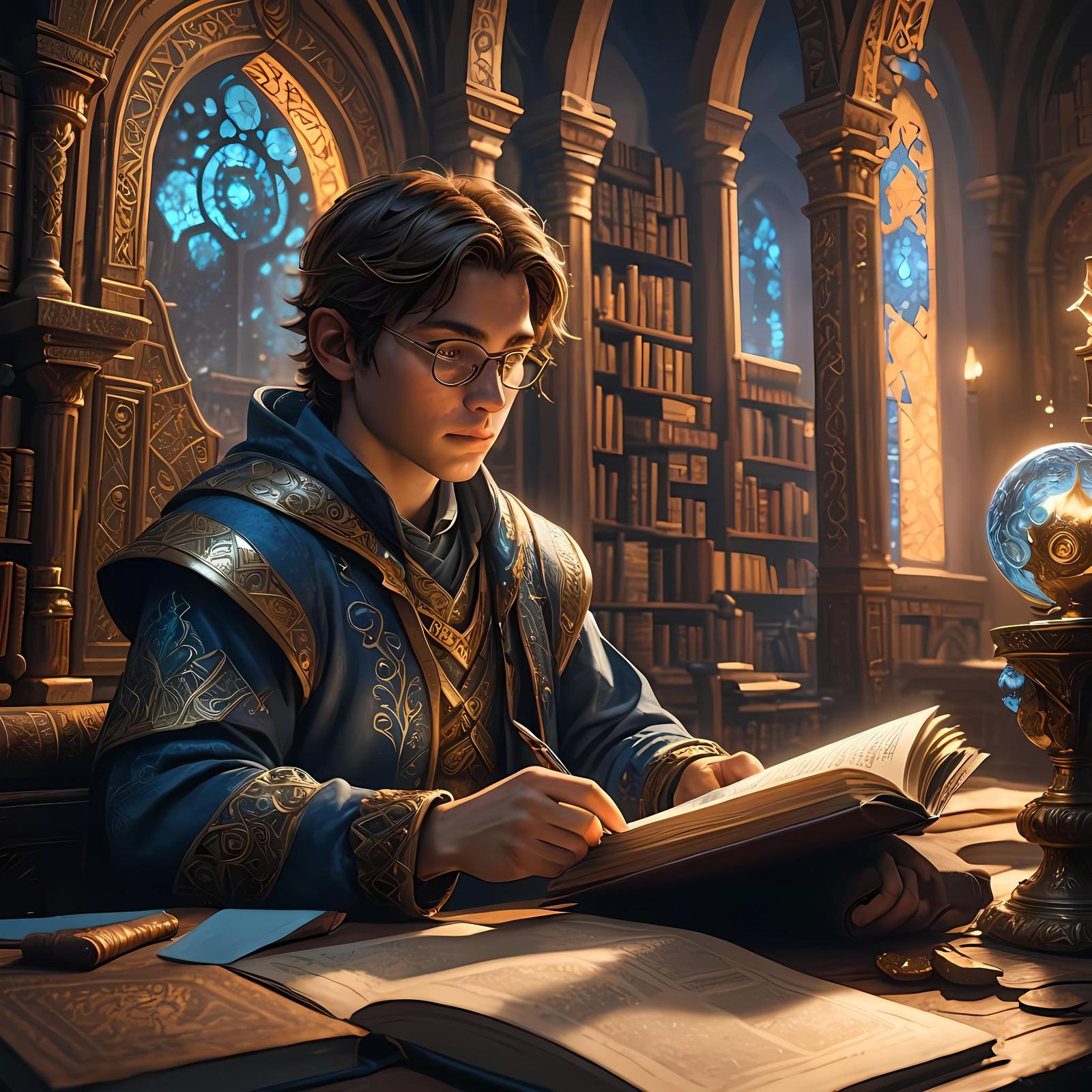 Student Studies Glowing Textbook: Fantasy Concept Art