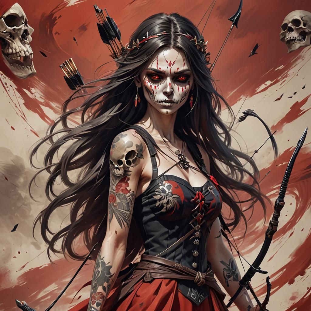 Anime Woman with Skull Face in Digital Illustration