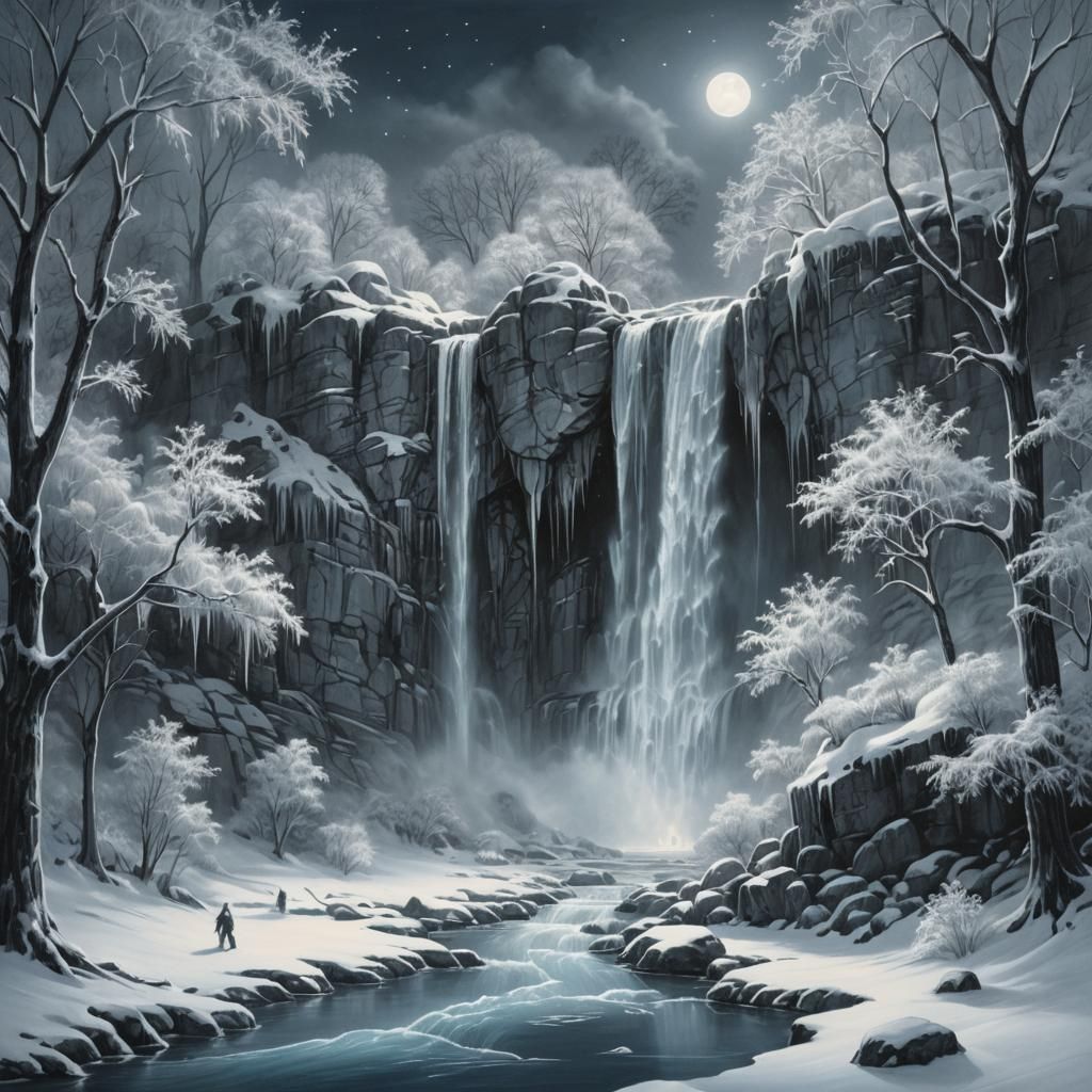 Ethereal Moonlight Illuminates Frozen Waterfall: Pencil Sket...
