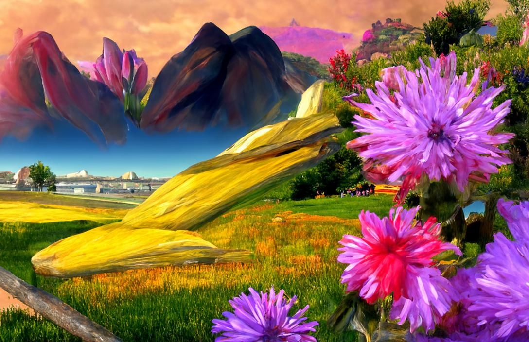 Hyperrealistic Flowers and Mountain Landscape