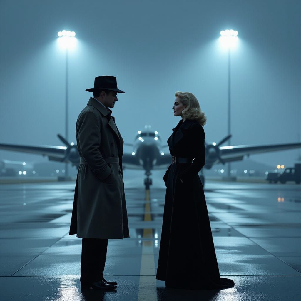 1940s Airport Rendezvous in Film Noir Style