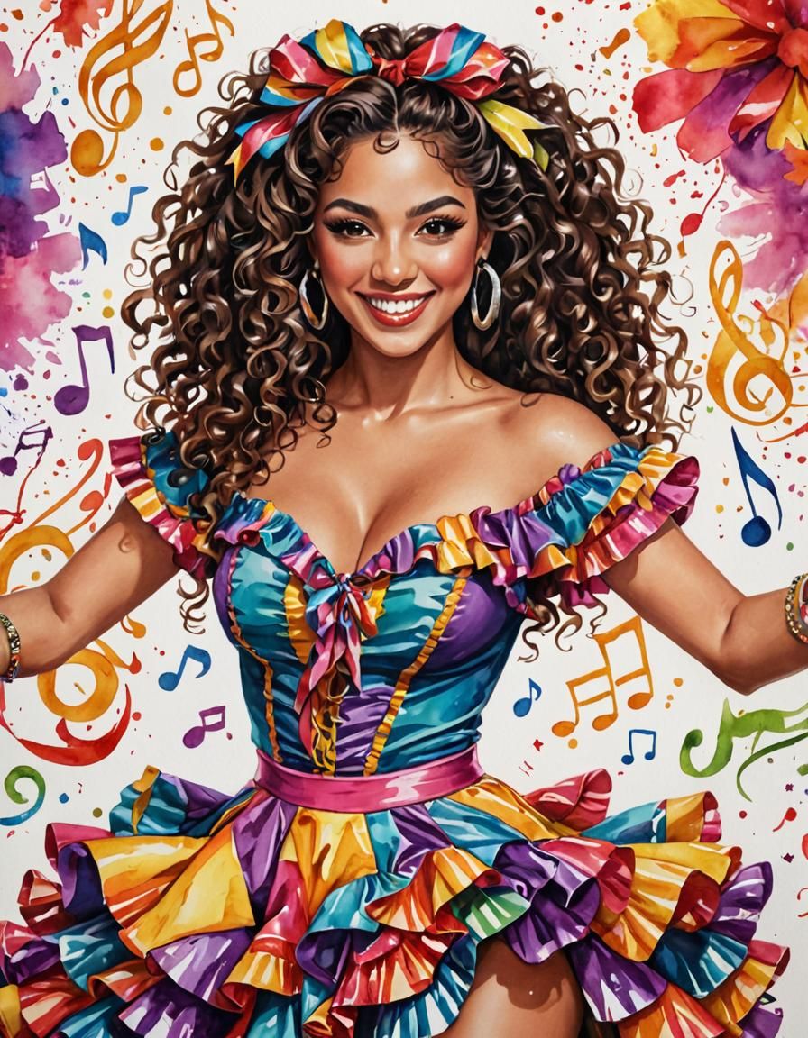 Latina Salsa Dancer in Manga-Inspired Watercolor Style