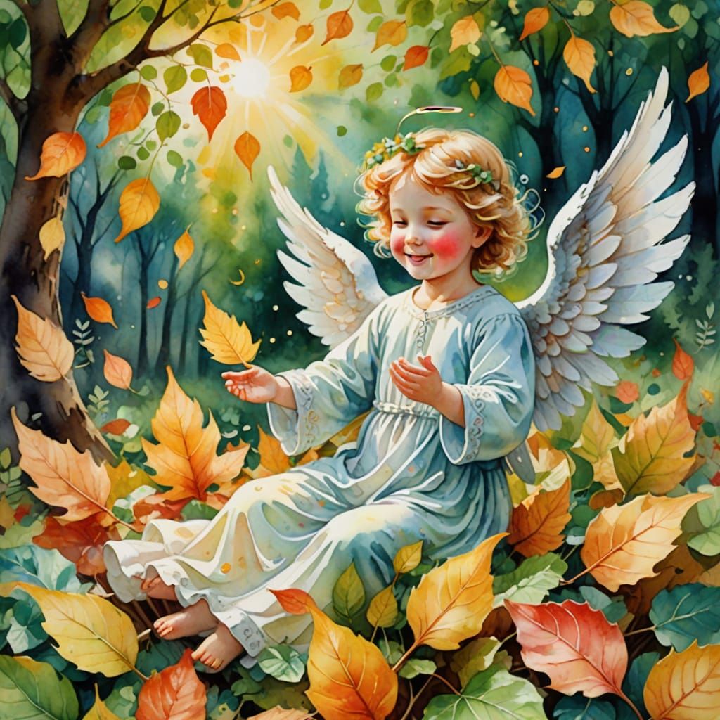 Happy Angel Playing in Leaves Watercolor Illustration