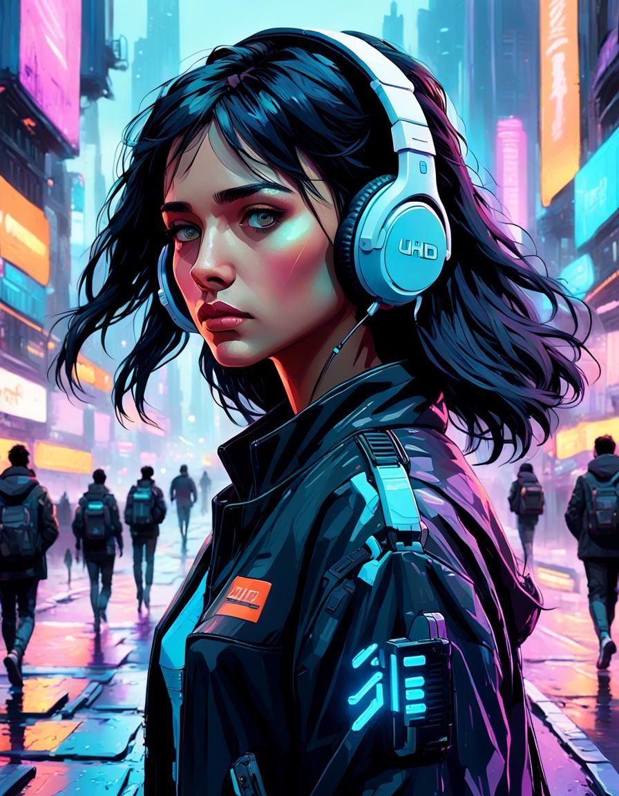 Cyberpunk Woman Portrait in Neon-Lit Cityscape