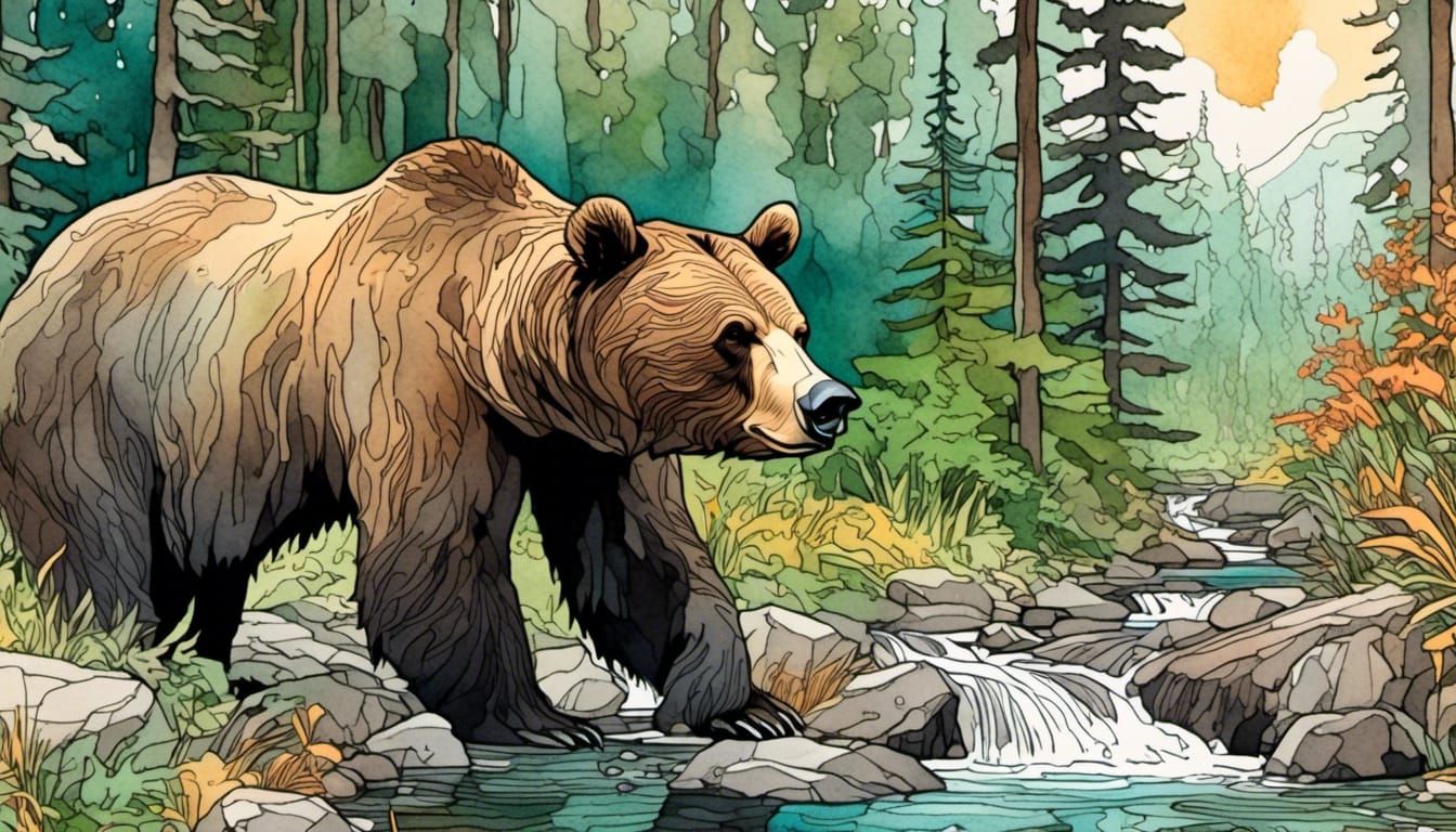 Grizzly Bear Head in Forest, Impressionist Art