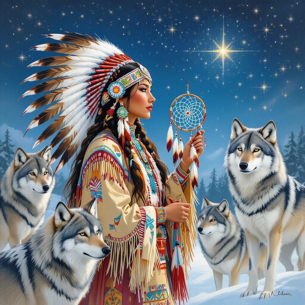Native Woman with Dreamcatcher Under Starry Sky