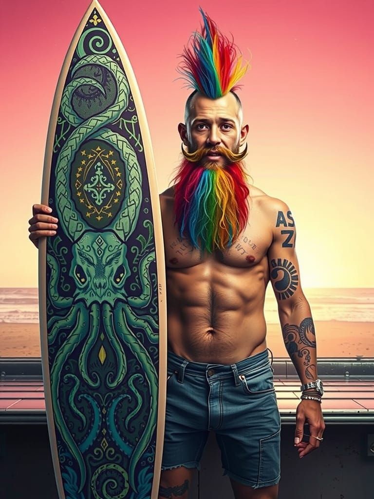 Punk Rock Surfer Poses with Graffiti Surfboard Outside Beach...