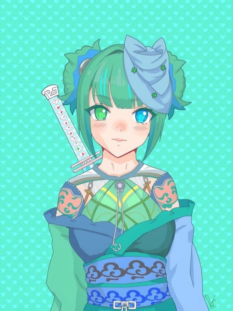 Anime Woman in Aqua Kimono with Blue Katana
