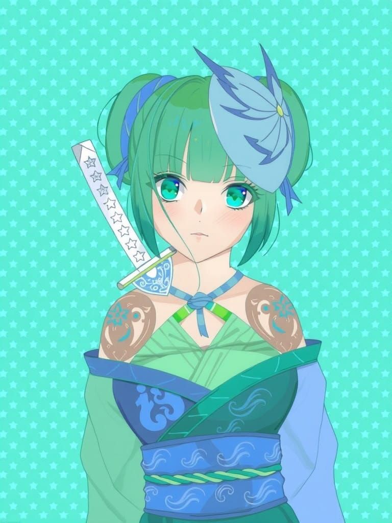 Anime Goddess in Aqua Kimono, Blue Katana, and Vibrant Hair