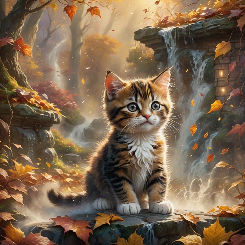 Kitten Falling Through Autumn Mist in Ethereal Style