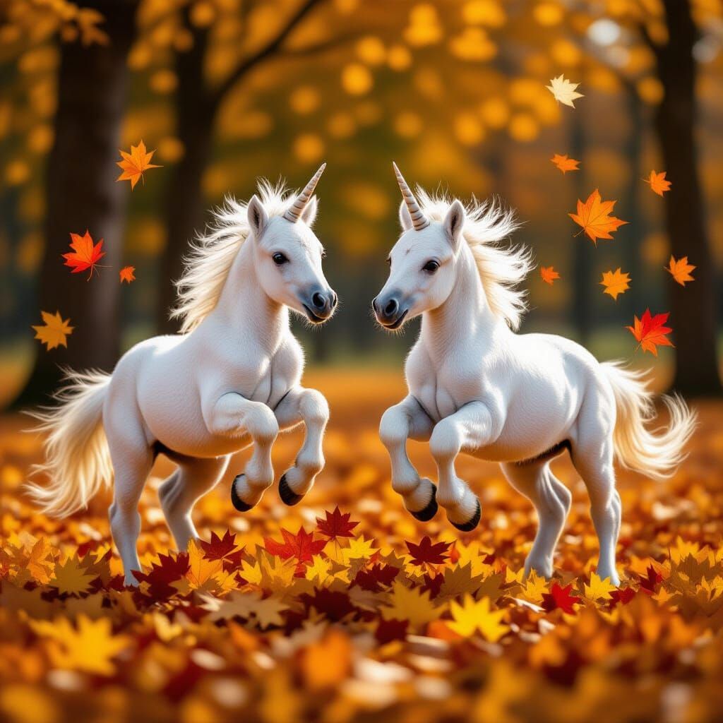 Unicorn Foals Jumping in Glowing Enchanted Autumn Leaves