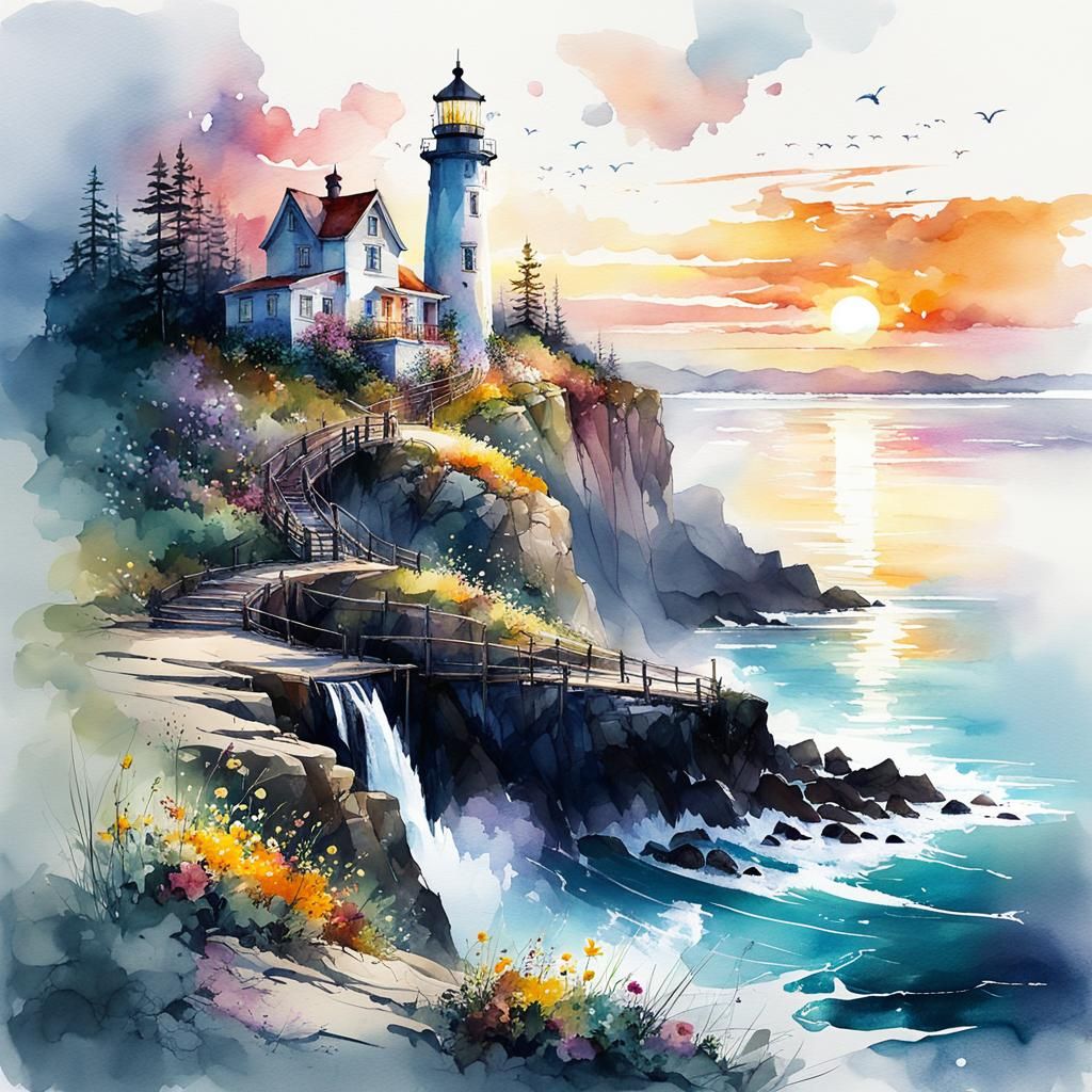 Lighthouse on Rocky Coast: Digital Watercolor Illustration
