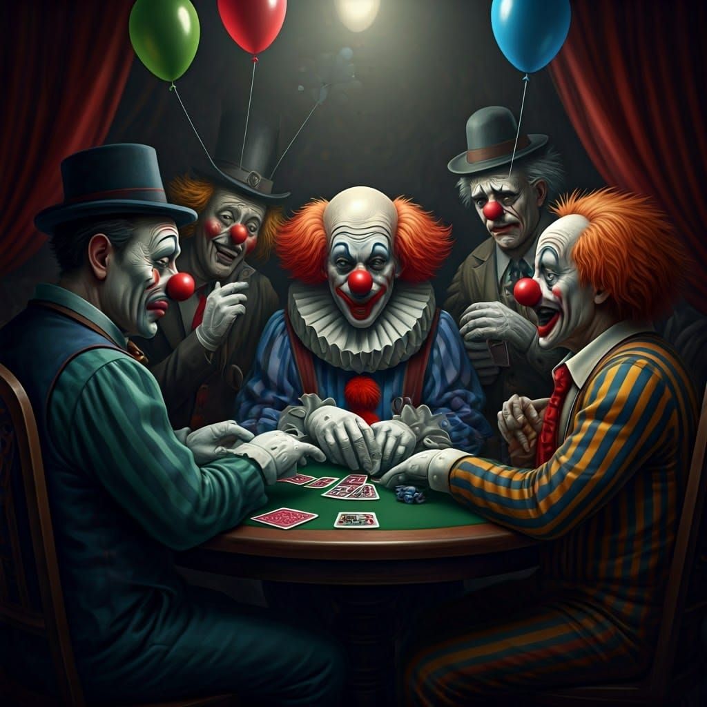 Clowns Playing Poker in a Vibrant Digital Art Style