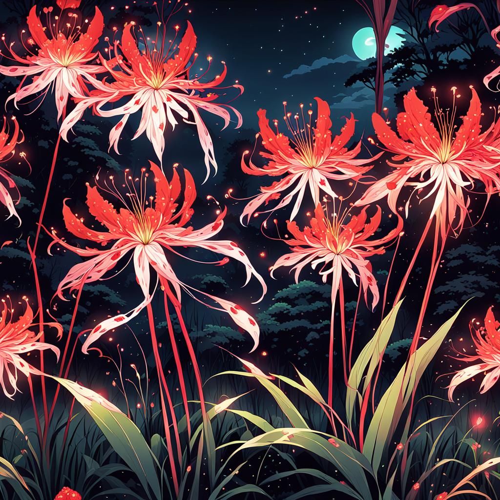 Glowing Red Spider Lilies in Anime Manga Style