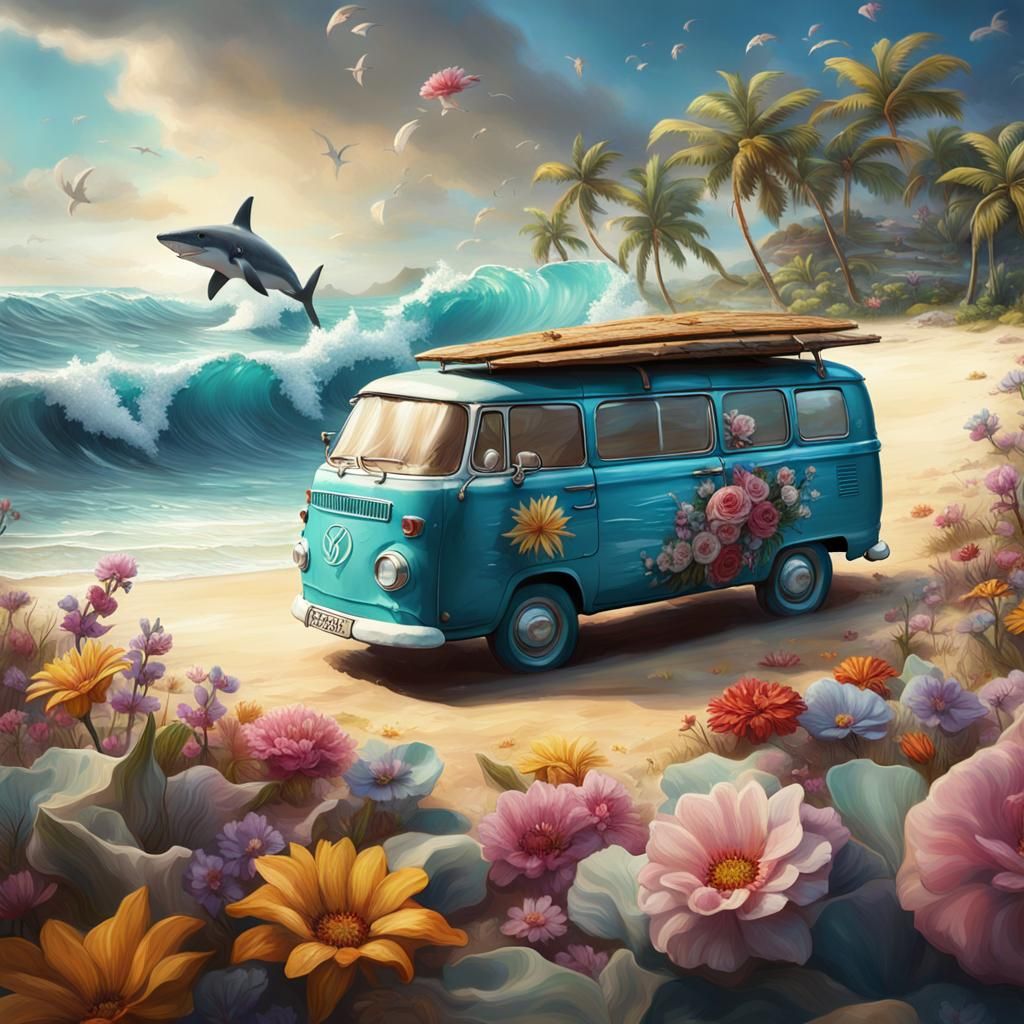 Beach Van with Surfing Shark, Detailed Matte Painting
