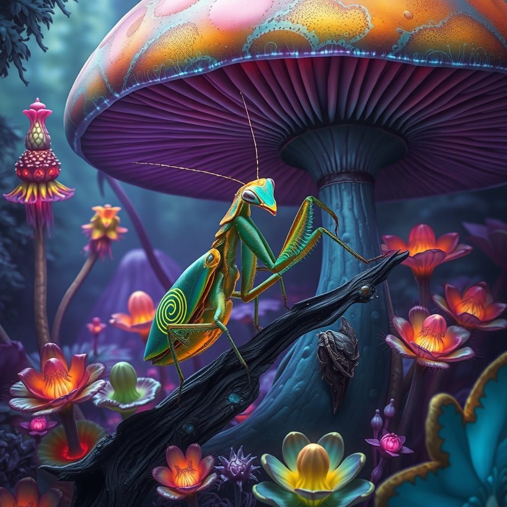 Bioluminescent Praying Mantis in Alien Rainforest
