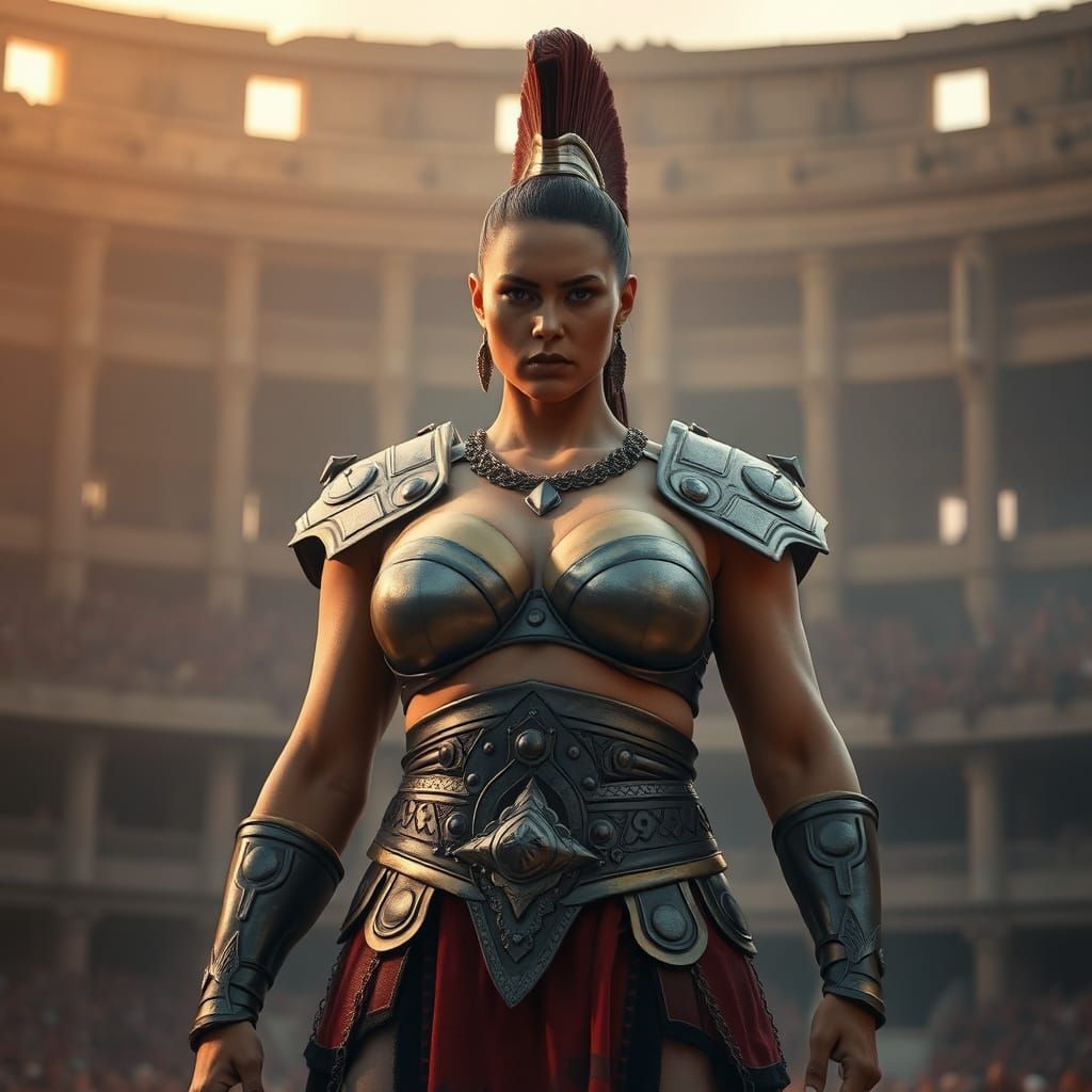Towering Female Gladiator in Ancient Arena