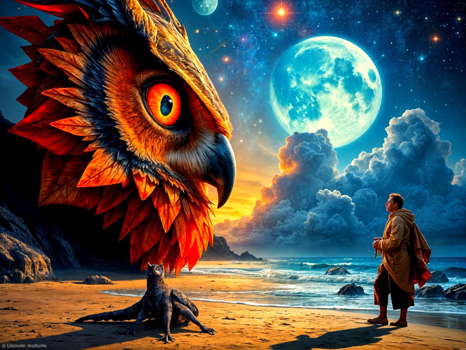 Surreal Origami Barn Owl Encounter in a Cosmic Dreamscape