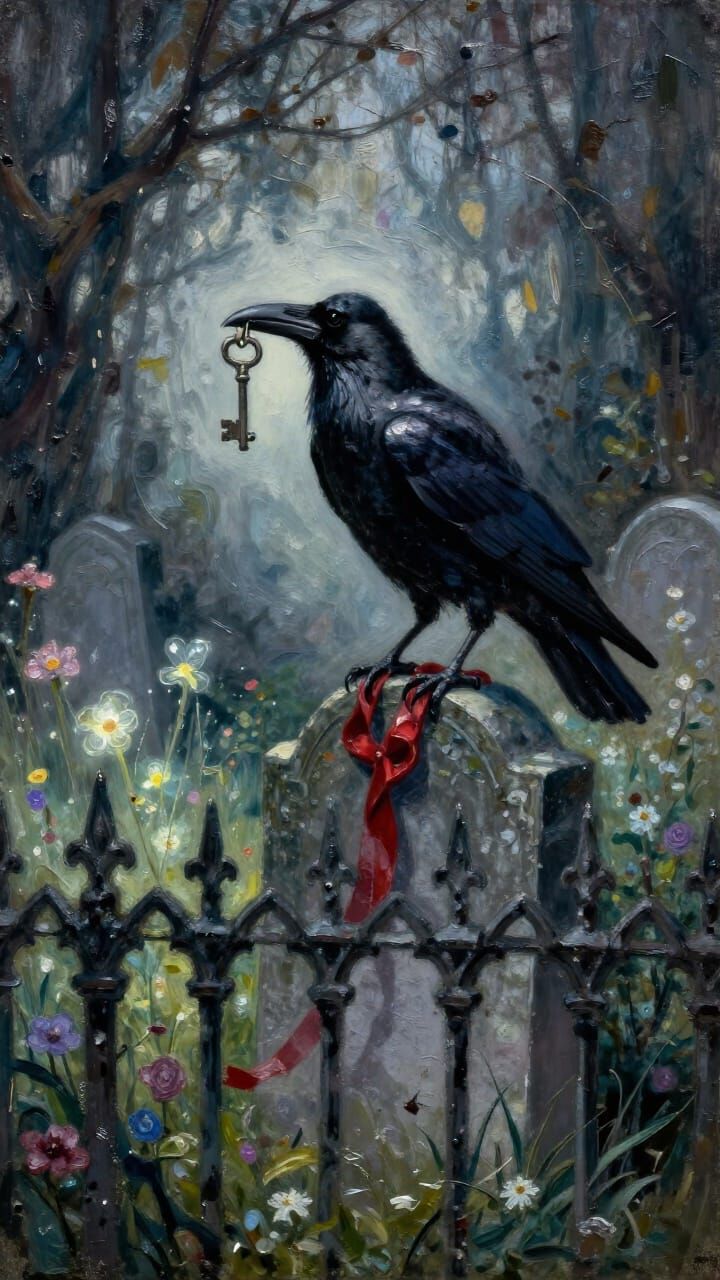 Crow With Iron Key On Tombstone In Spectral Garden