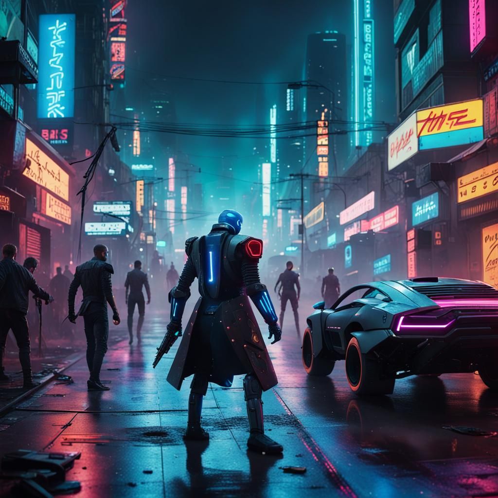 Cyberpunk Robot Battle in Neon Cityscape