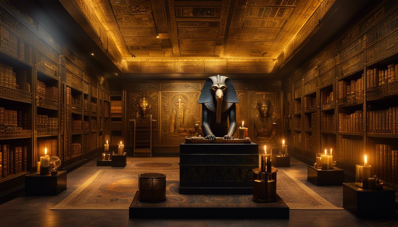Thoth in Ancient Egyptian Library: Cinematic Still