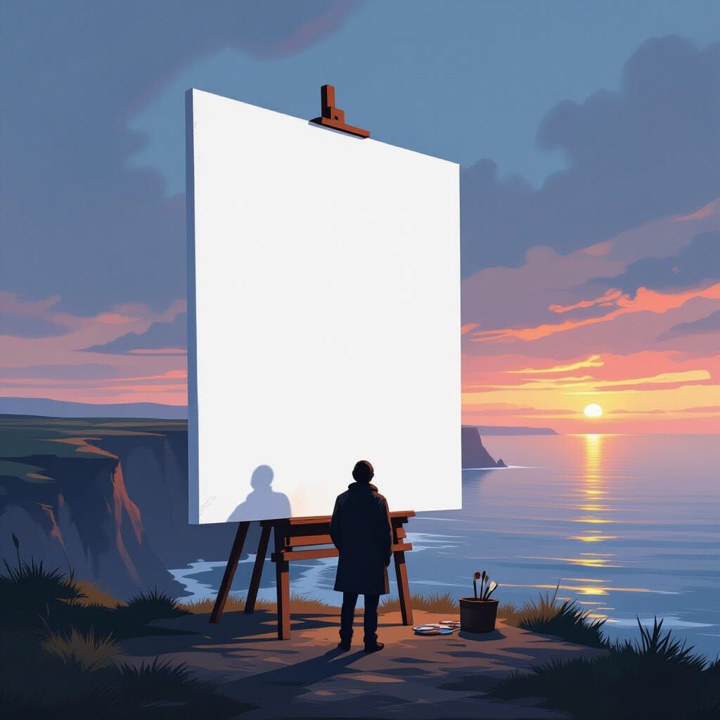 Artist Faces Blank Canvas at Dawn on Coastal Cliff