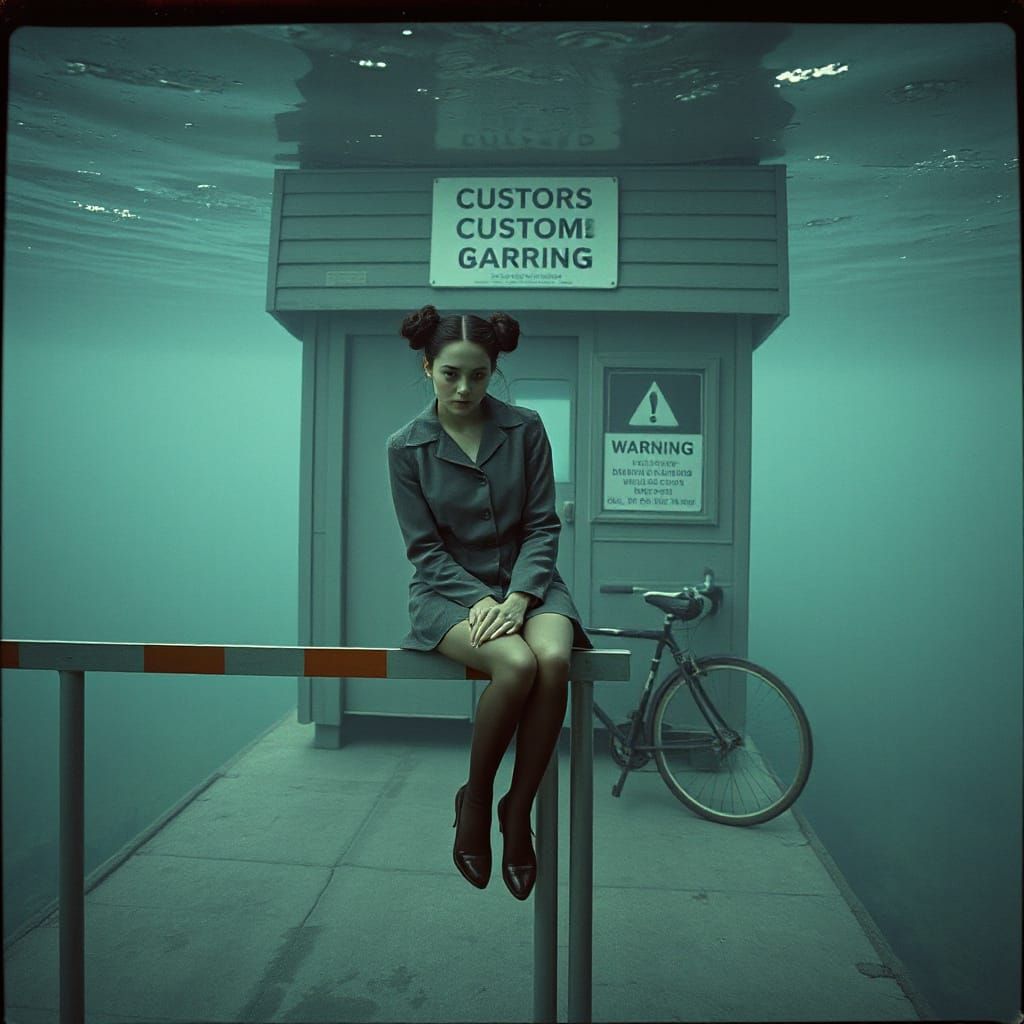 A border crossing with a guard hut, a warning sign, and a customs barrier on which a young woman sits in long stockings ...