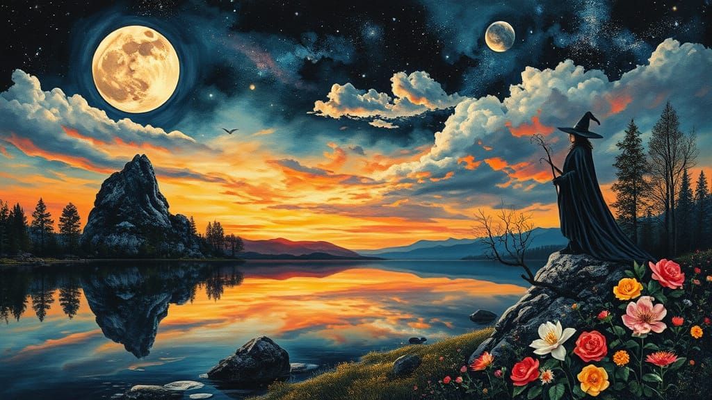 Surreal Moonlit Scene with Witch and Rocky Creature
