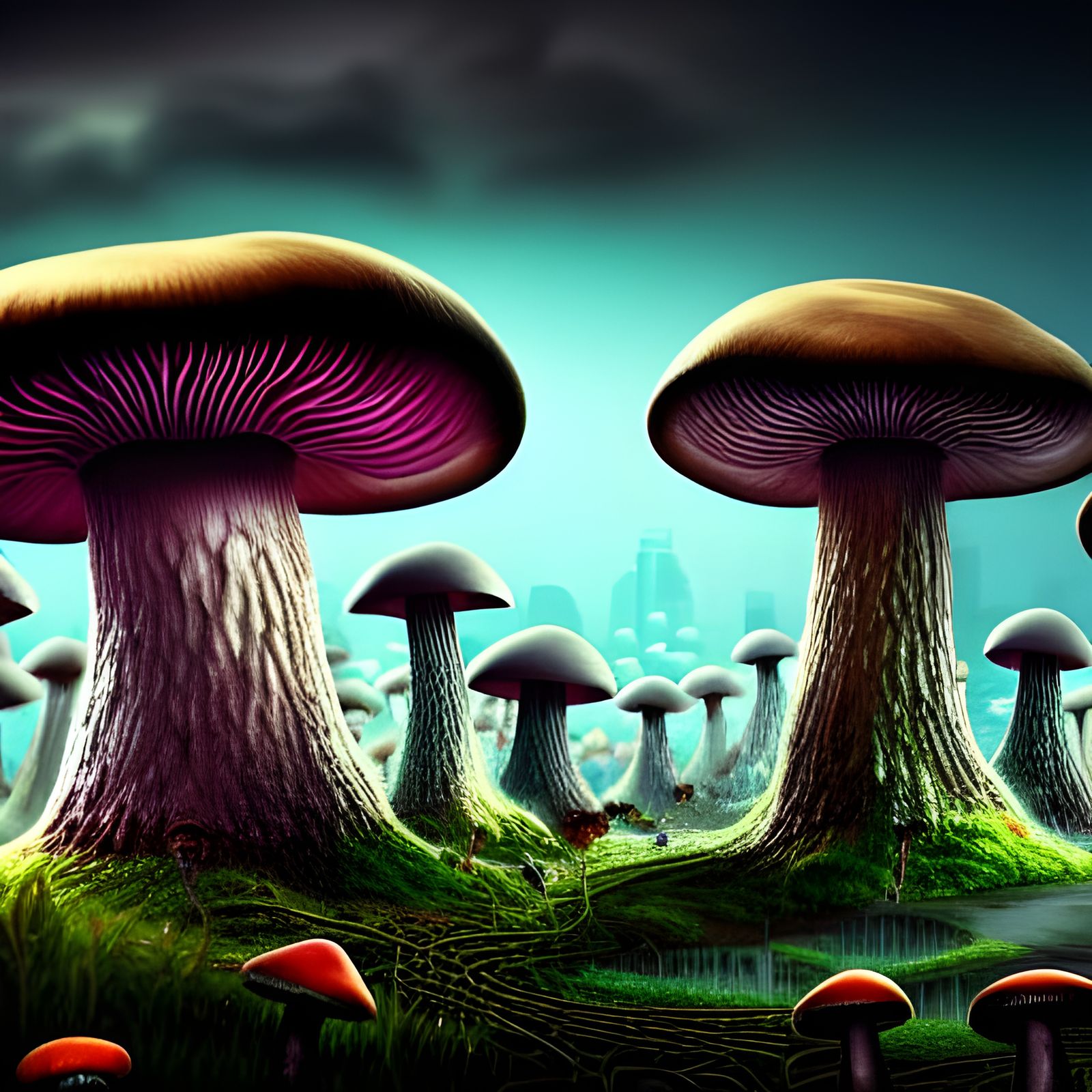 Mushroom Punk Cityscape in Photorealistic Style