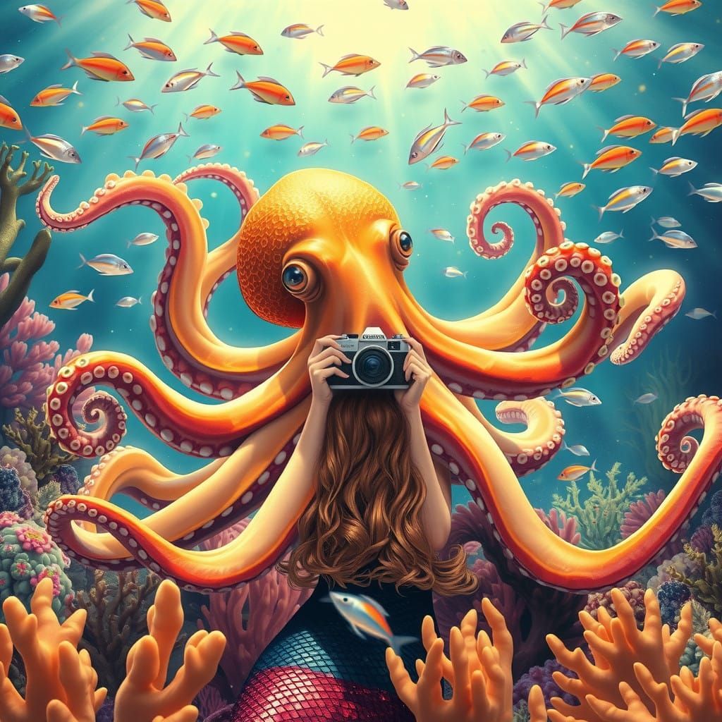 Octopus Poses for Mermaid Photographer in Underwater Dreamsc...