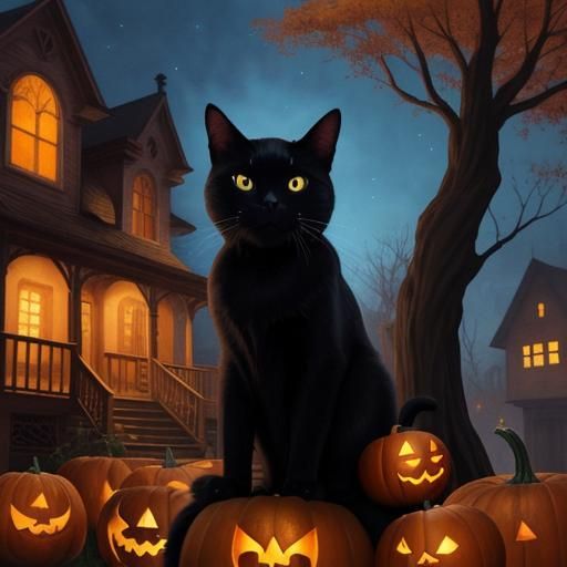 Anime Children Trick or Treating with Black Cat