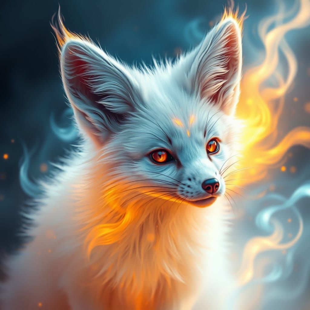 Majestic White Fennec Fox with Fiery Auroral Energy