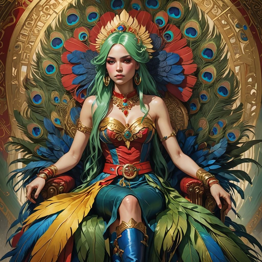 Green-Haired Maiden on Peacock Throne, Hyperdetailed Portrai...