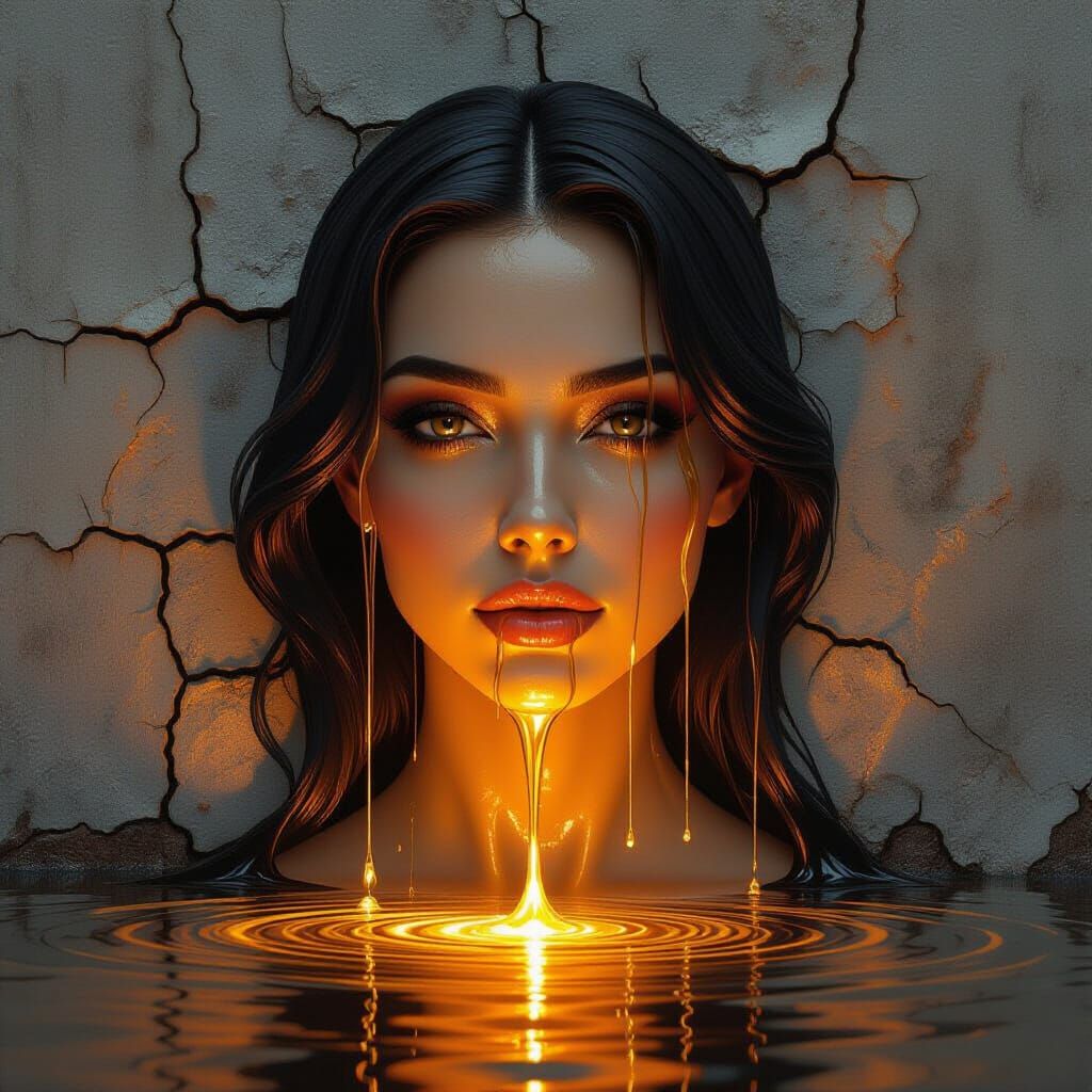 Liquid Gold Woman Portrait in Surreal Synthwave Style