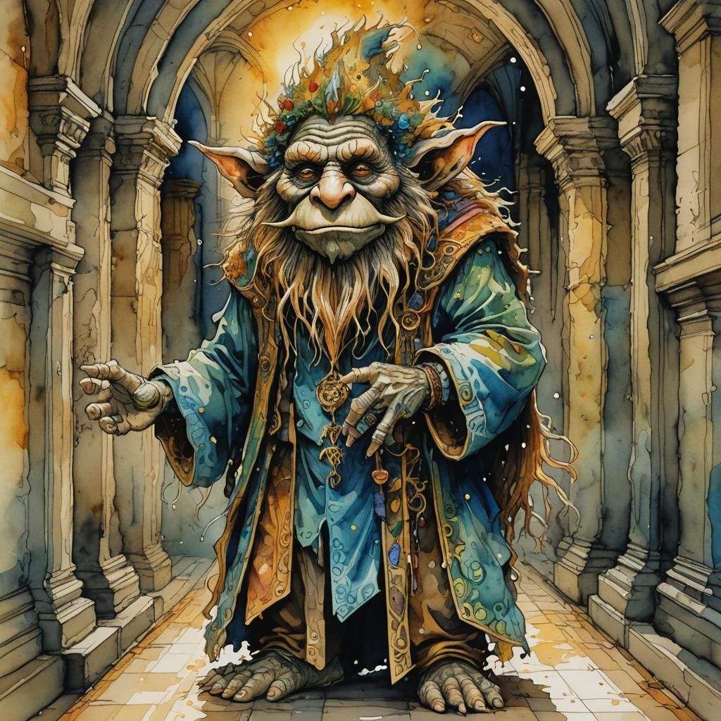 portrait. troll. wizard. eldritch. university. Watercolor wi...