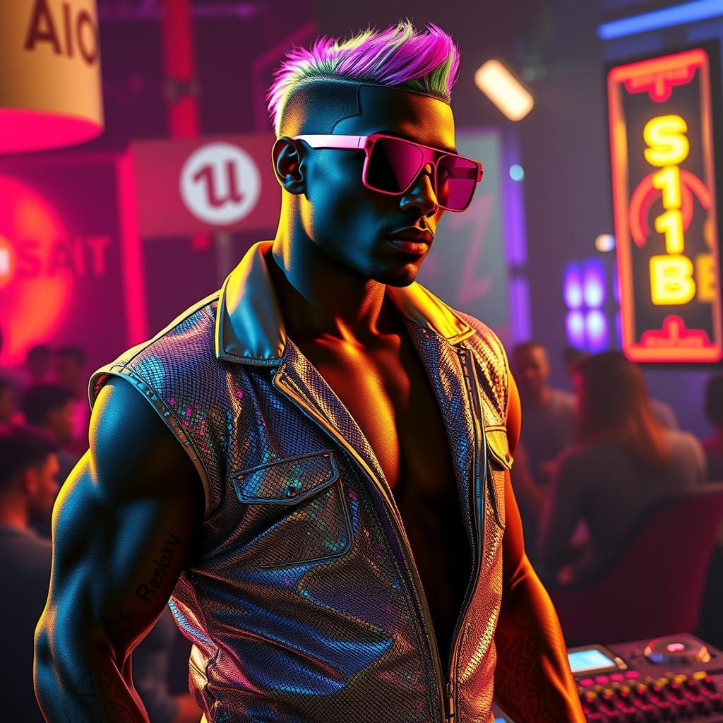 Nightclub DJ with Rainbow Hair in Detailed Matte Painting