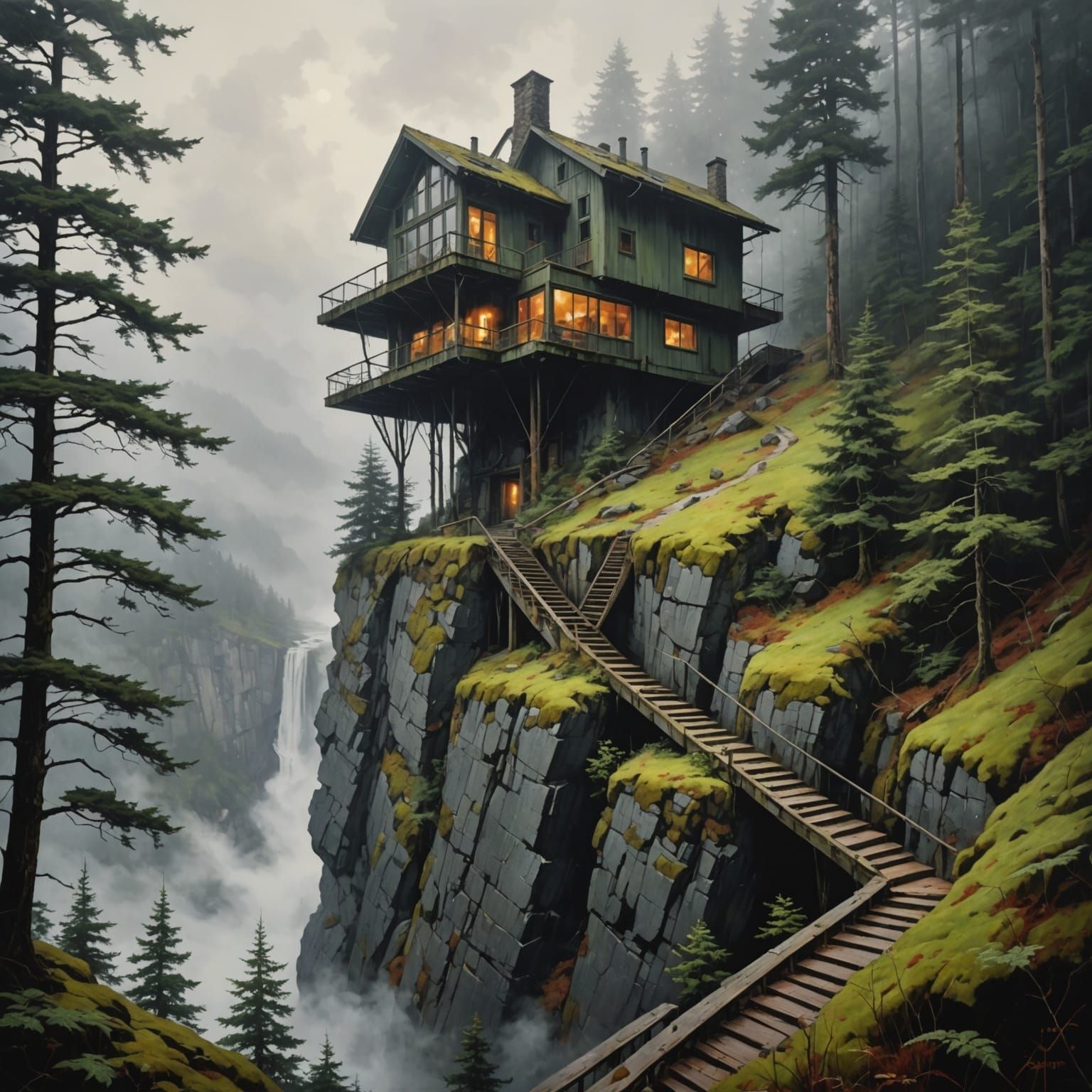 Ominous Cliffside House in Heavy Fog, Action Painting Style