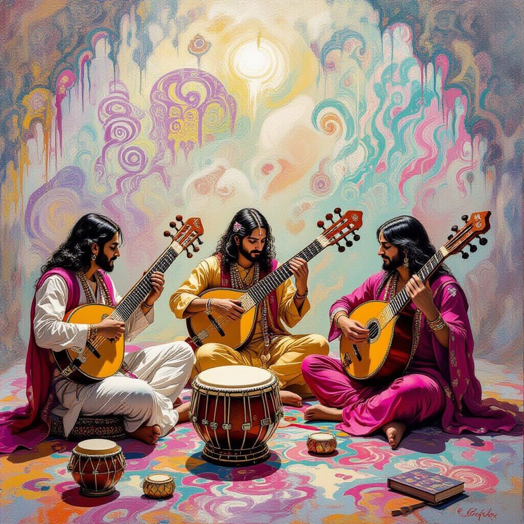 Psychedelic Ashram Music Scene with Sitar and Surrealism