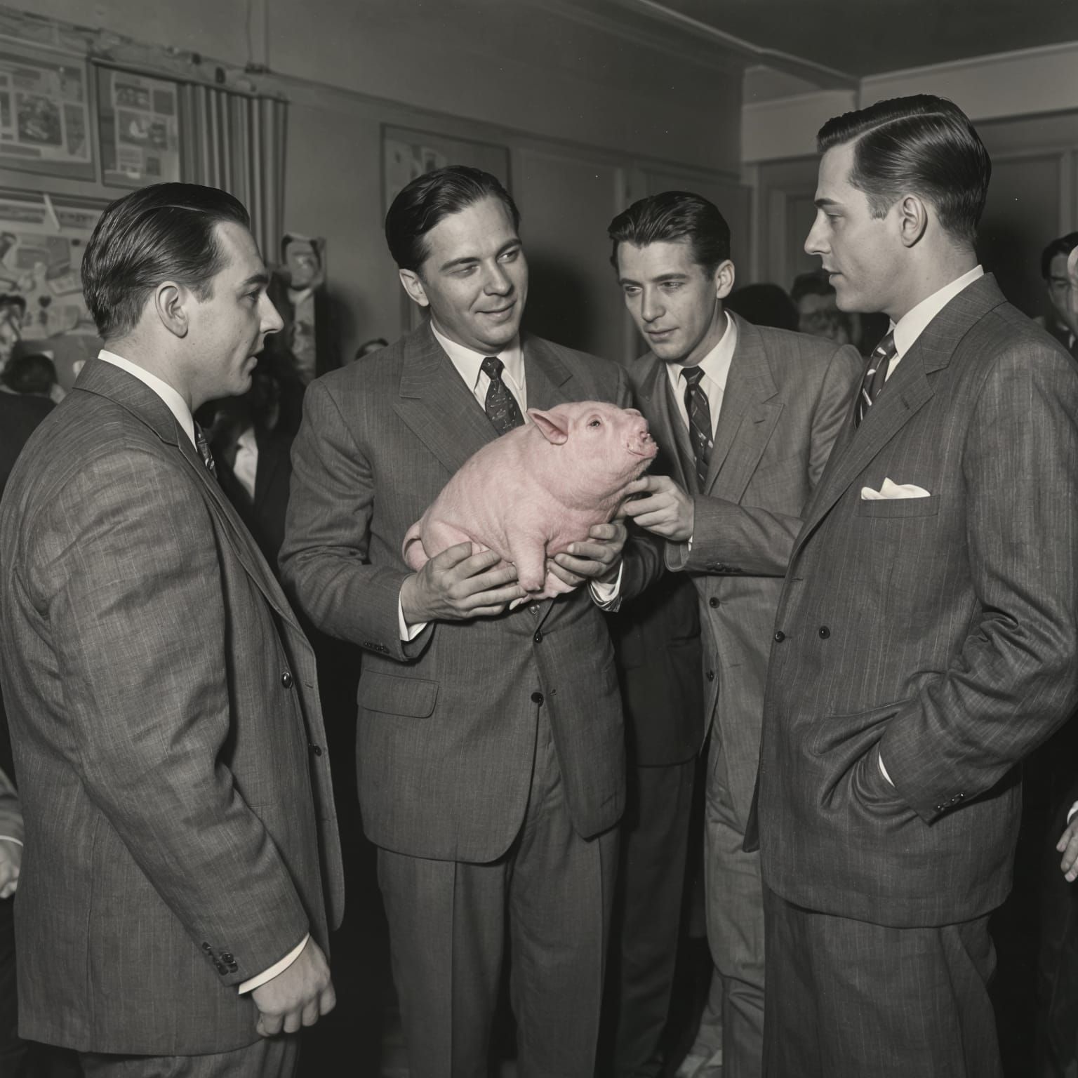 Man in Suit Holds Pig at Party: Vintage Photo