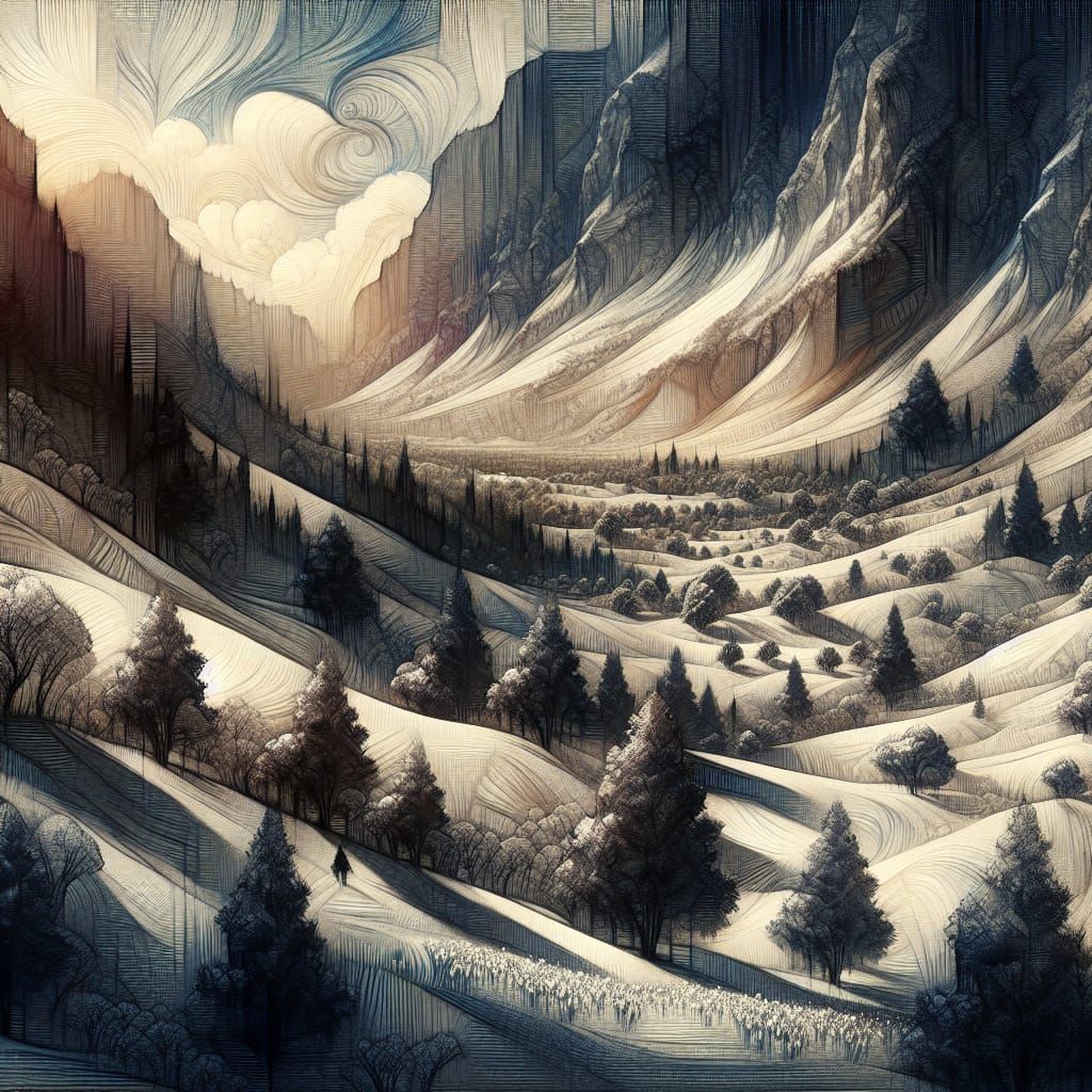 Snowy Landscapes in Faded Colors with Towering Shadows and S...