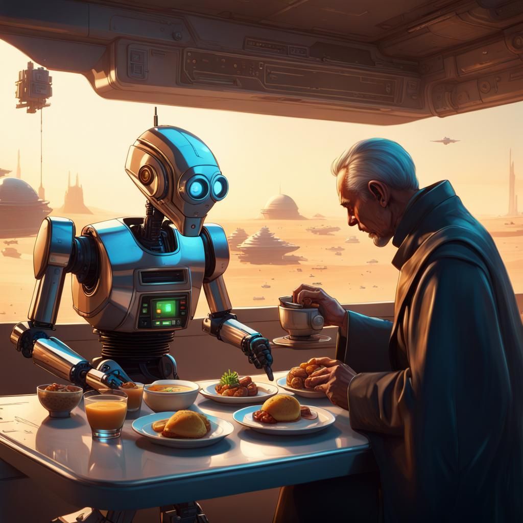 Robotic Butler Serves Aliens on Tatooine in Cyberpunk Style