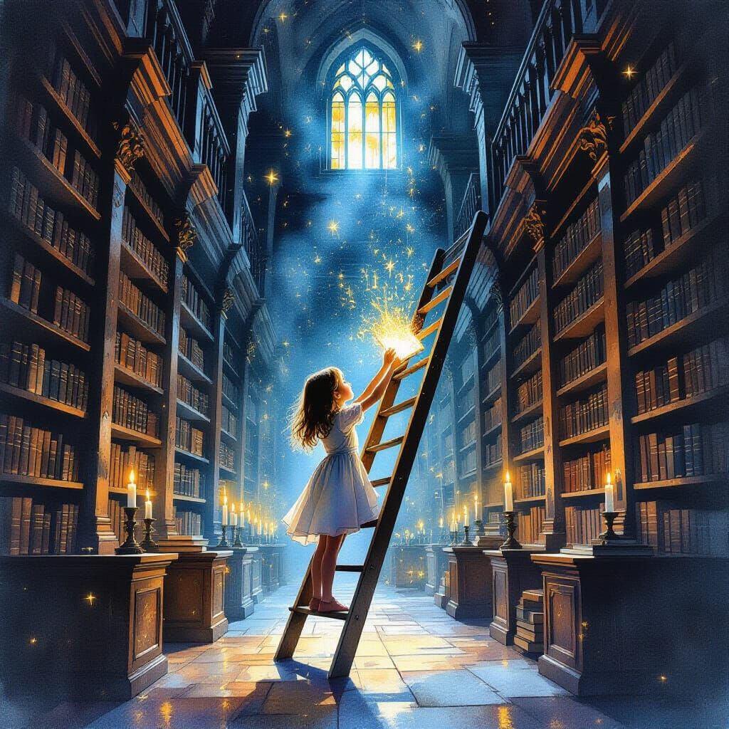 Ancient Library Watercolor: Girl Reaches for Glowing Book
